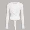 Button Front Wrap Hem Rib Knit Top in Jet White