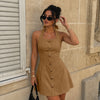 Button Detail Halter Fitted Mini Dress in Rust Brown