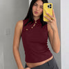 Mock Neck Keyhole Button Detail Fitted Top in Wine Maroon