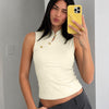 Mock Neck Keyhole Button Detail Fitted Top in Cream