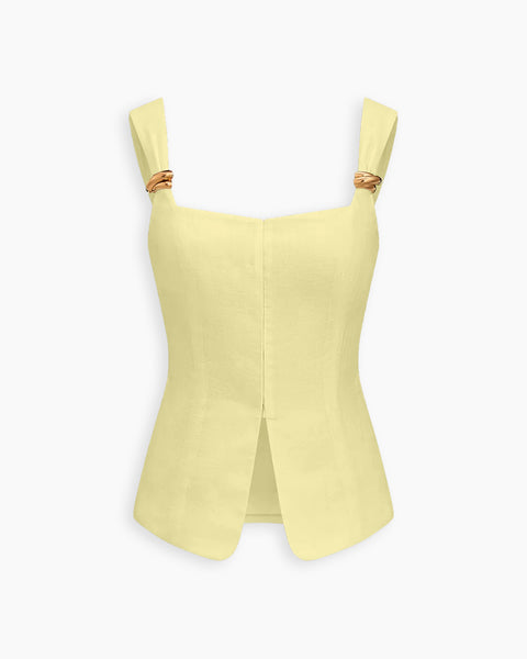 Square Neck Buckle Strap Curved Hem Top in Vanilla