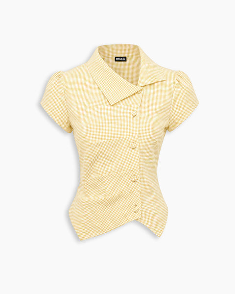 Gingham Pointed Collar Button Front Peplum Top in Butter Yellow