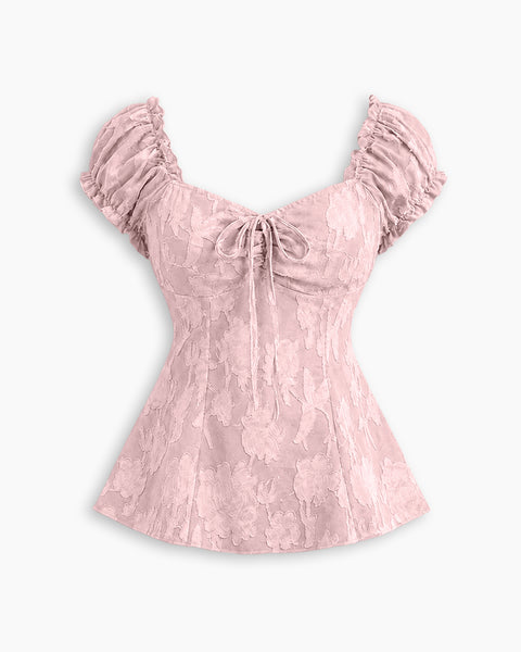 Cute Tie Front Neck Puff Sleeve Fit & Flare Top in Pink