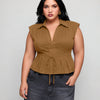 Collared V Neck Tie Waist Peplum Top Curve and Plus in Caramel Brown