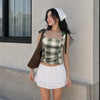 Gingham Tie Shoulder Fitted Crop Top in Olive Green