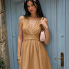 V Neck Wrap Waist Mini Dress in Tan Brown