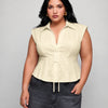 Collared V Neck Tie Waist Peplum Top Curve and Plus in Cream