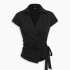 Collared Wrap Front Tie Waist Top in Classic Black