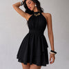 Halter Neck Tie Back Layered Ruffle Mini Dress in Classic Black