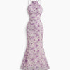 Floral Ruched Halter Neck Mermaid Midi Dress in Lilac