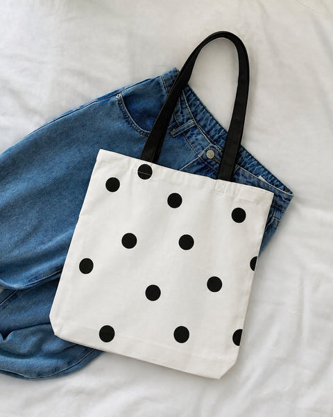 Polka Dot Canvas Tote Bag in Jet White