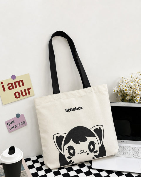 Cute Cat Graphic Canvas Tote Bag in Off-White