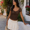 Floral Lace Trim Bow Front Peplum Top in Espresso Brown