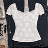 Floral Lace Trim Bow Front Peplum Top in Classic White