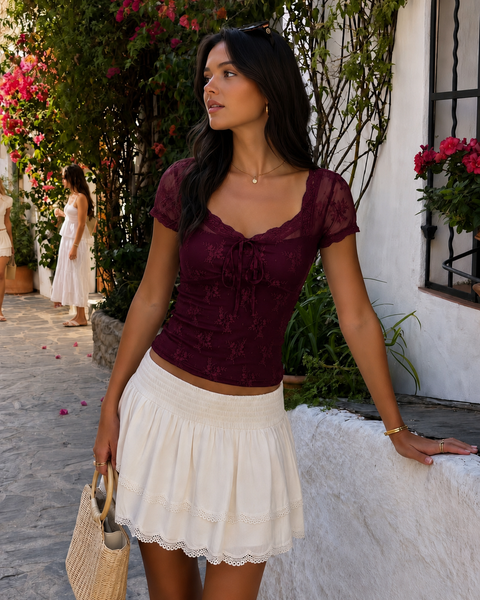 Floral Lace Trim Bow Front Peplum Top in Wine Maroon