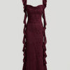 Floral Ruched Side Tie Ruffle Maxi Dress in Deep Maroon