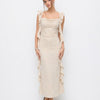 Floral Ruched Side Tie Ruffle Maxi Dress in Off White