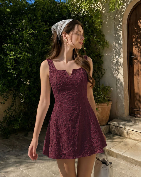 Floral Jacquard Square Neck Fit and Flare Mini Dress in Wine Maroon