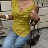 Ruched Cowl Neck Sleeveless Fitted Top in Olive Green