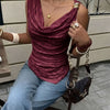 Ruched Cowl Neck Sleeveless Fitted Top in Burgundy