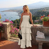 Strapless Tiered Midi Dress in Warm Beige