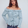 Ruffle Tie Neck Peplum Blouse in Powder Blue