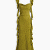 Floral Ruched Side Tie Ruffle Maxi Dress in Olive Green