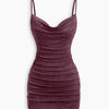 Ruched Cowl Neck Glitter Mini Dress  Description in Deep Maroon