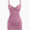 Ruched Cowl Neck Glitter Mini Dress  Description in Lilac