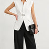 Notched Collar Buckle Detail Sleeveless Peplum Top in Classic White
