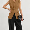 Notched Collar Buckle Detail Sleeveless Peplum Top in Caramel Brown