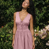 V Neck Tie Front Button Detail Fit and Flare Mini Dress in Baby Pink
