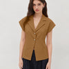 Notched Collar Button Front Short Sleeve Blazer Top in Caramel Brown