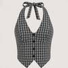 Plaid Halter Neck Button Front Vest Top in Classic Black