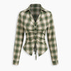 Plaid Notched Collar Button Front Tie Waist Top in Olive Green