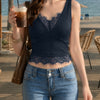 Ribbed V Neck Lace Trim Cami Top in Navy Blue