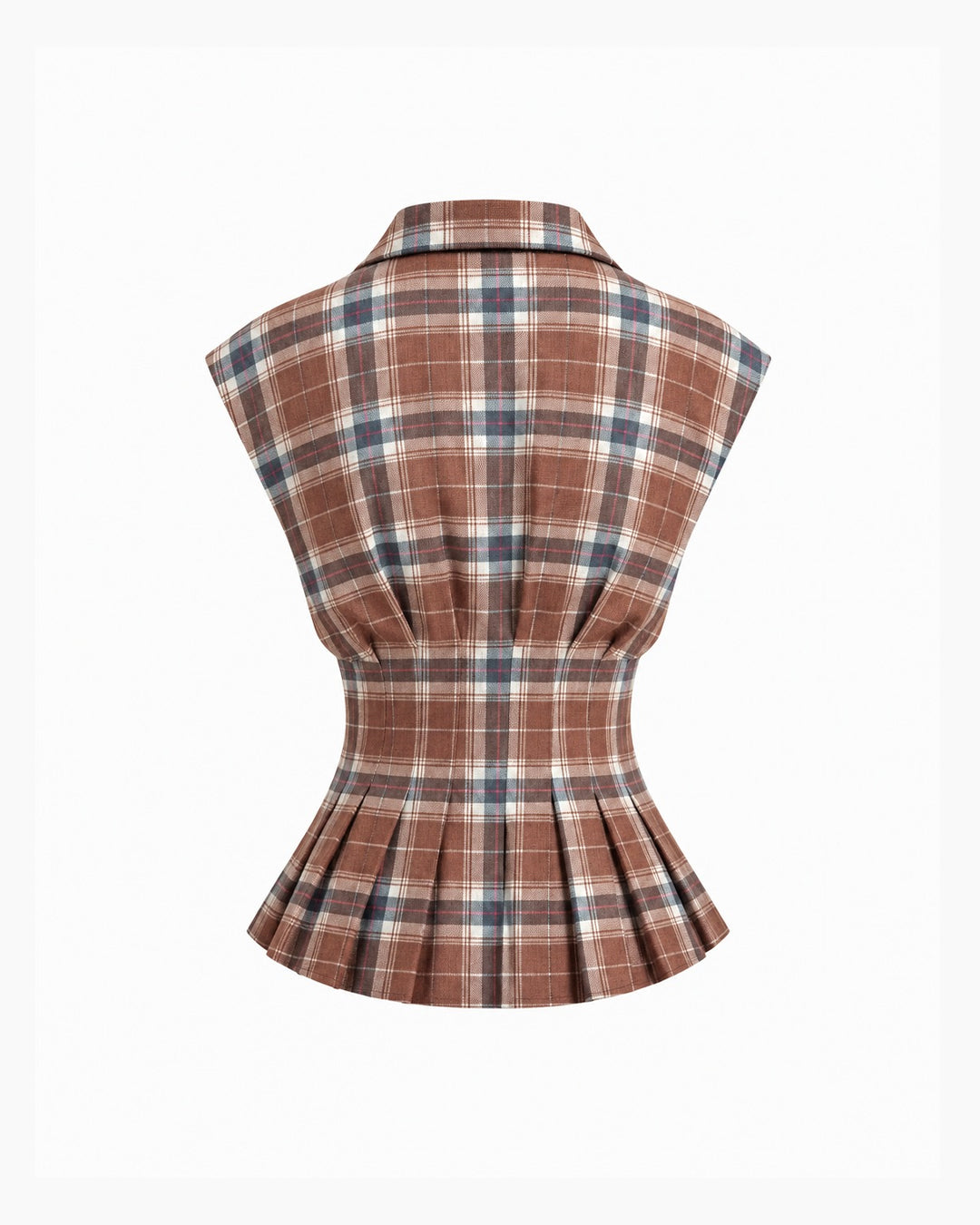 Plaid Collared Button Front Peplum Top in Mocha Brown- Littlebox India