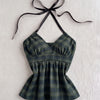 Plaid Halter Neck Ruched Peplum Top in Slate Grey and Olive Green