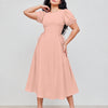 Round Neck Puff Sleeve Side Tie Midi Dress Curve & Plus in Powder Pink