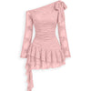 Lace Detail Floral Embroidered One Shoulder Ruffle Mini Dress in Baby Pink