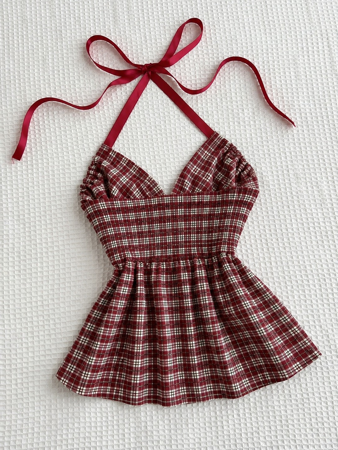 Plaid Halter Neck Ruched Peplum Top in Burgundy- Littlebox India