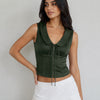 Collared Lace-Up Fitted Crop Top in Dark Green