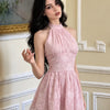 Floral Jacquard Halter Neck Ruched Waist Mini Dress in Pink