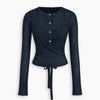 Button Front Wrap Hem Rib Knit Top in Navy Blue