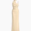 Asymmetric Neck Ruched Draped Maxi Dress in Cream