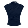 Mock Neck Ruched Sleeveless Fitted Top in Navy Blue