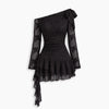 Lace Detail Floral Embroidered One Shoulder Ruffle Mini Dress in Black