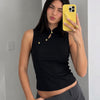 Mandarin Collar Asymmetrical Button Ruched Fitted Top in Black