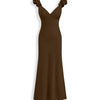 Ruffled V Neck Jacquard Midi Dress in Chocolate Brown