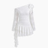 Lace Detail Floral Embroidered One Shoulder Ruffle Mini Dress in White